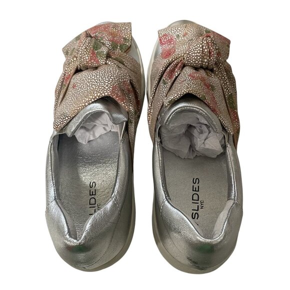 J Slides NYC Metallic Silver Floral Bow Slip On Sneakers Platform Casual Trendy - Picture 6 of 9